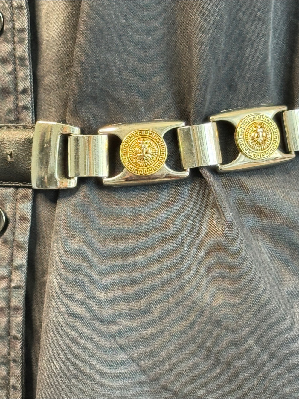 Vintage 90s Lion Lions Face Black Leather Medal Women Buckle Belt Golden Silver - Picture 6 of 12